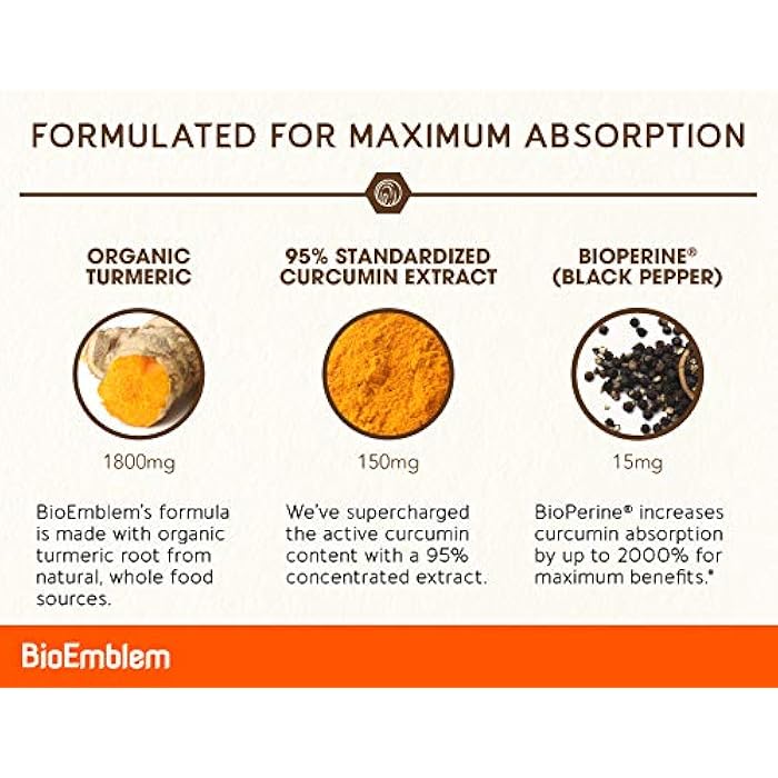 BioEmblem Turmeric Curcumin Supplement with BioPerine | Joint Support & Heart Health | with Organic Turmeric Powder & 95% Curcuminoids Extract | California Made, Non-GMO, 60-Day Supply - Image 2