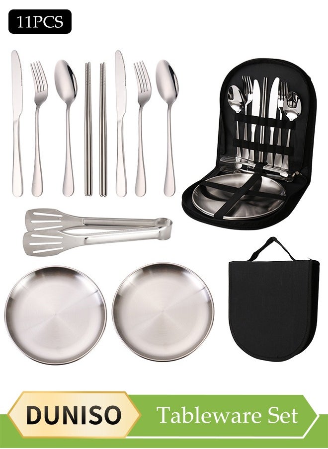 DUNISO 11 Pcs Stainless Steel Camping Cutlery Set, portable outdoor picnic utensil, mirror polished utensil set, with knife, fork, spoon, food clip, chopsticks, plate, utensil bag, suitable for outdoor hiking, picnicking, and barbecue  - Image 1