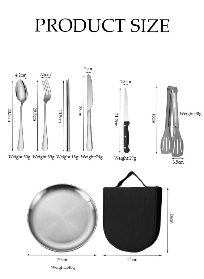 DUNISO 11 Pcs Stainless Steel Camping Cutlery Set, portable outdoor picnic utensil, mirror polished utensil set, with knife, fork, spoon, food clip, chopsticks, plate, utensil bag, suitable for outdoor hiking, picnicking, and barbecue  - Image 3