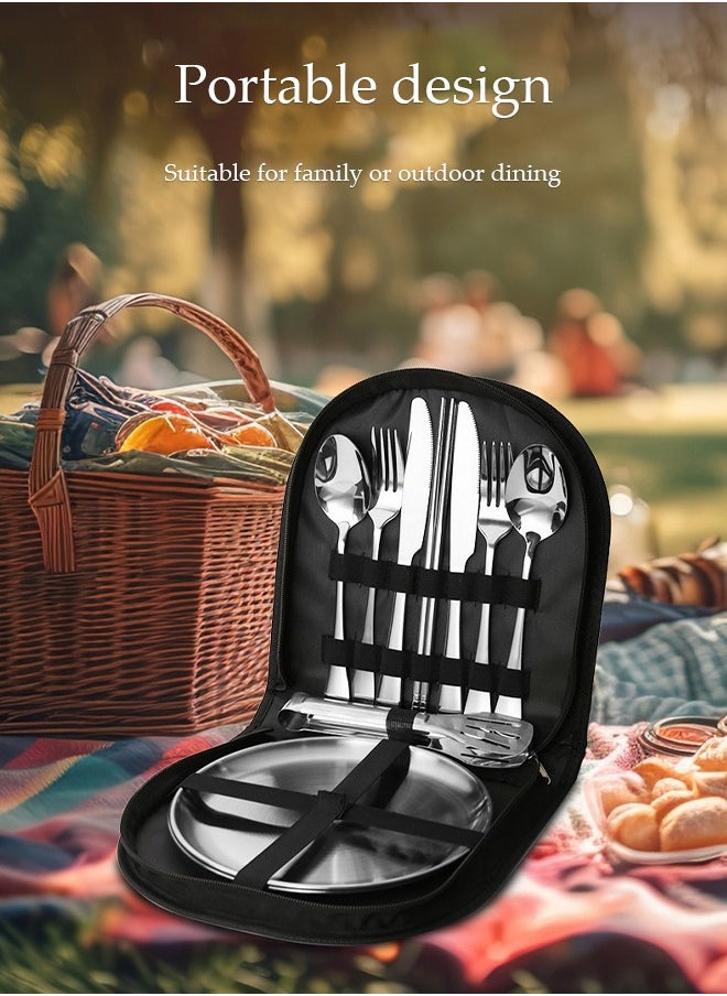 DUNISO 11 Pcs Stainless Steel Camping Cutlery Set, portable outdoor picnic utensil, mirror polished utensil set, with knife, fork, spoon, food clip, chopsticks, plate, utensil bag, suitable for outdoor hiking, picnicking, and barbecue  - Image 4