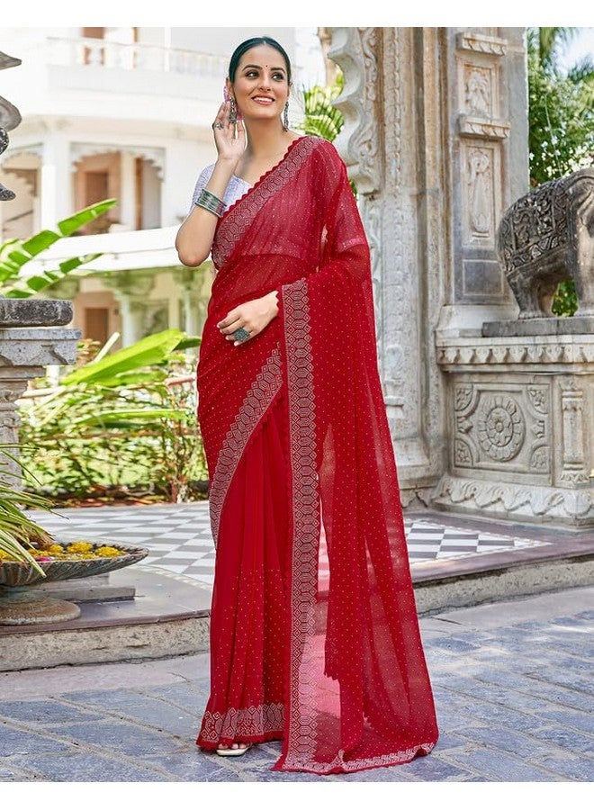 SIRIL Women's Georgette Hot Fixing Stone Work Saree With Unstitched Blouse Piece (3731S176_Red) - Image 3