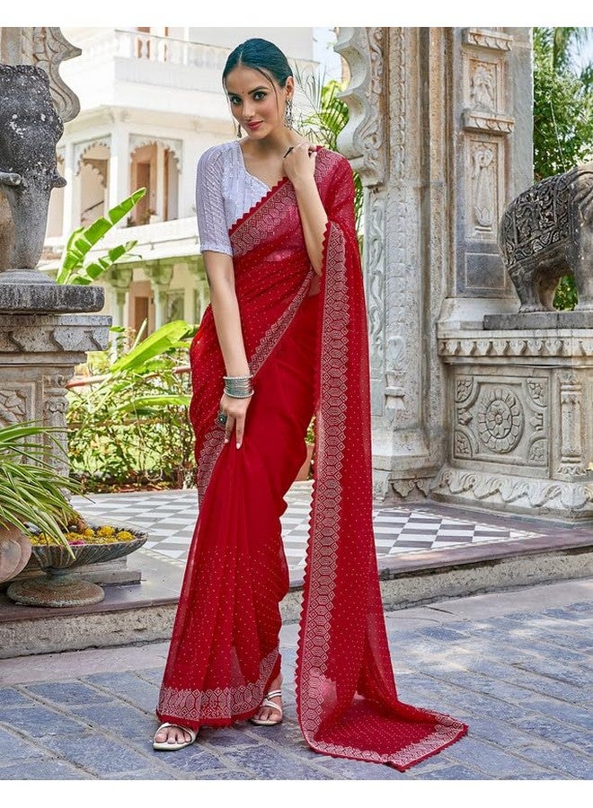 SIRIL Women's Georgette Hot Fixing Stone Work Saree With Unstitched Blouse Piece (3731S176_Red) - Image 5