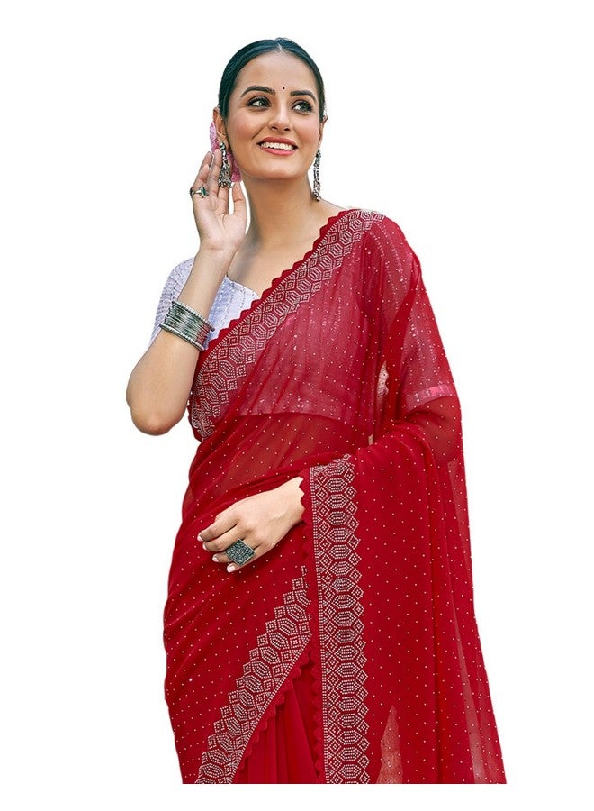 SIRIL Women's Georgette Hot Fixing Stone Work Saree With Unstitched Blouse Piece (3731S176_Red) - Image 1