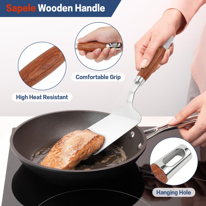 Vayvnt Stainless Steel Spatula Turner, Vayvnt Heavy Duty Metal Griddle Spatula for Cast Iron, Kitchen Flipper for Turning Serving, Beveled Edge & Wooden Handle, Great for Egg, Pancake, Fish, Cake, Burger - Image 4