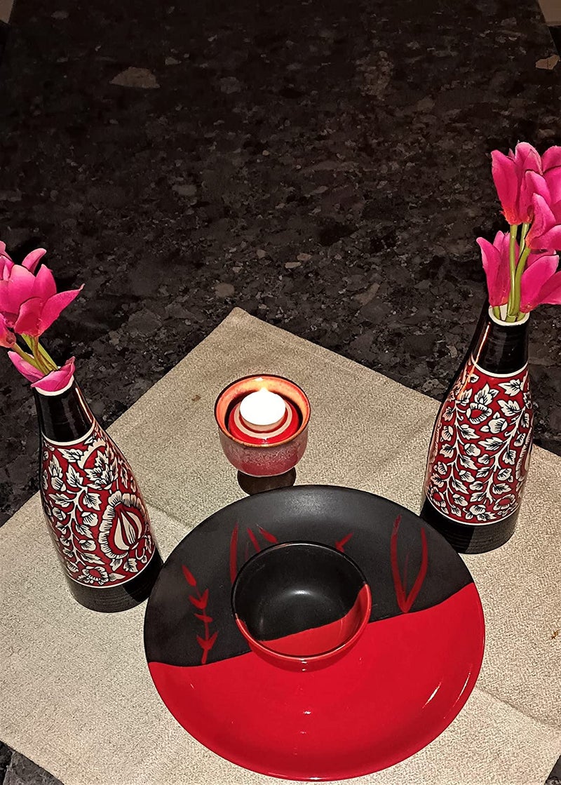 Caffeine Ceramic Handmade Red & Black Bamboo Dinner Set (Set of 4) - Image 4
