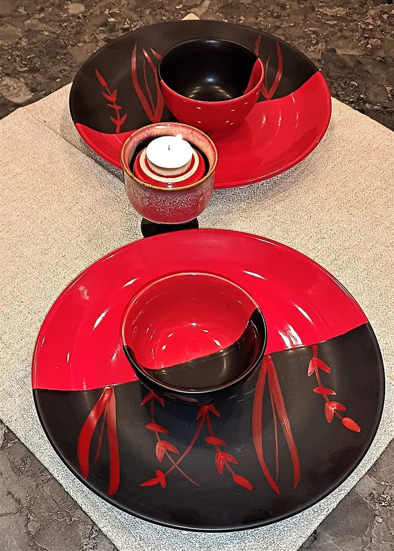 Caffeine Ceramic Handmade Red & Black Bamboo Dinner Set (Set of 4) - Image 3