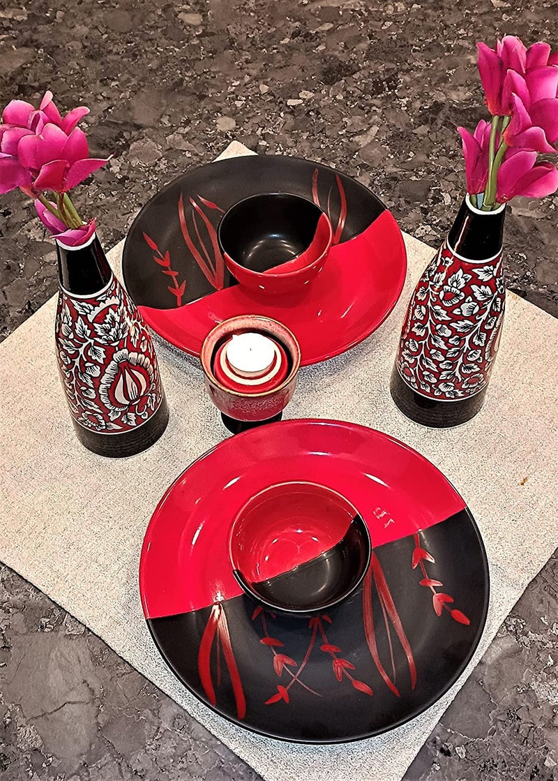 Caffeine Ceramic Handmade Red & Black Bamboo Dinner Set (Set of 4) - Image 1