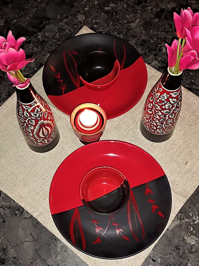Caffeine Ceramic Handmade Red & Black Bamboo Dinner Set (Set of 4) - Image 2