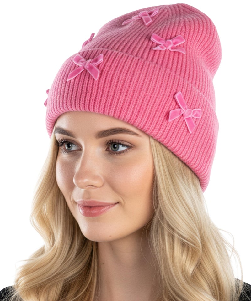 Funky Junque Women's Winter Beanie with Bow Warm Wool Knit Chenille Velvet Bows Ski Cap - Mini Velvet Bows - Candy Pink - Image 1