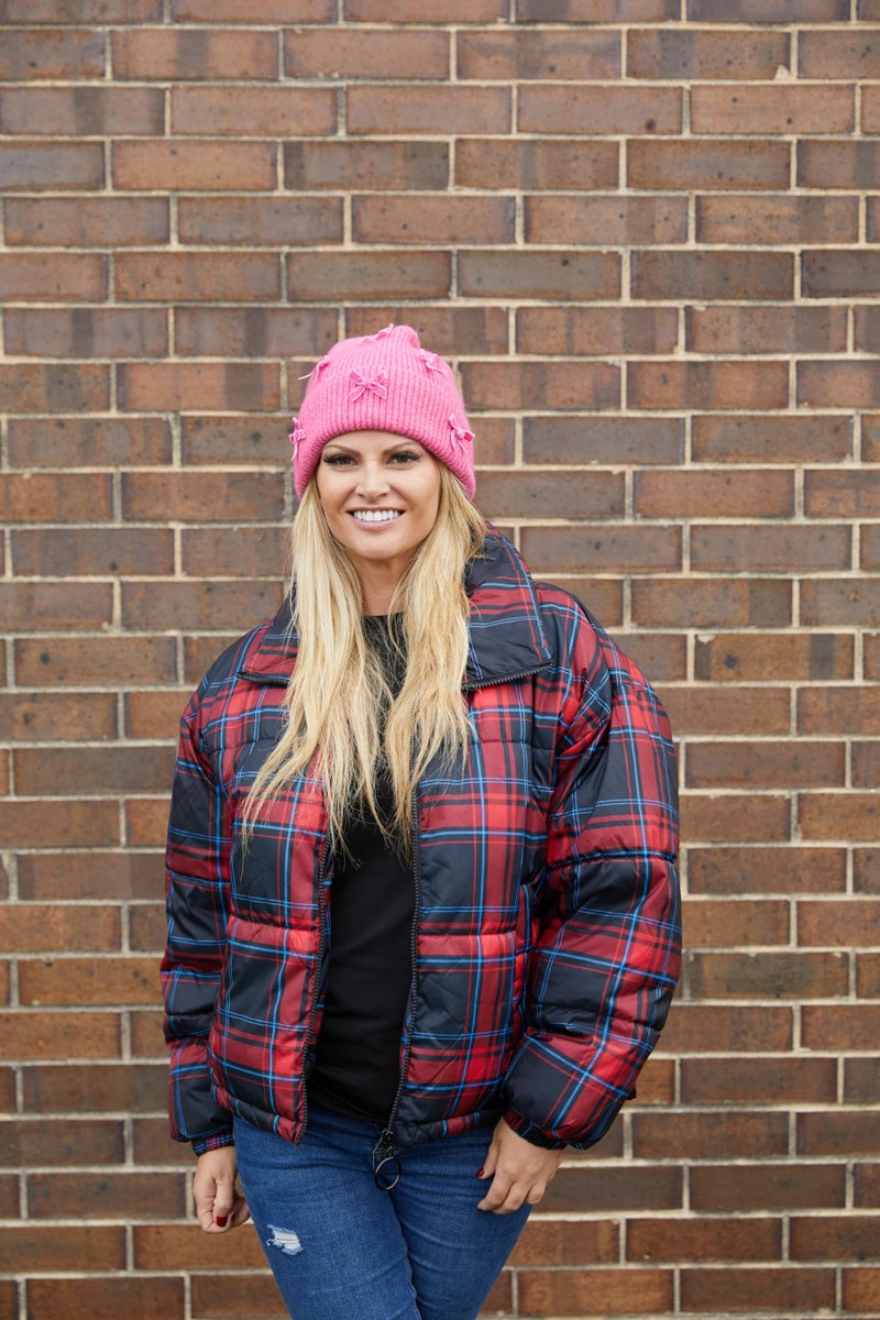 Funky Junque Women's Winter Beanie with Bow Warm Wool Knit Chenille Velvet Bows Ski Cap - Mini Velvet Bows - Candy Pink - Image 2