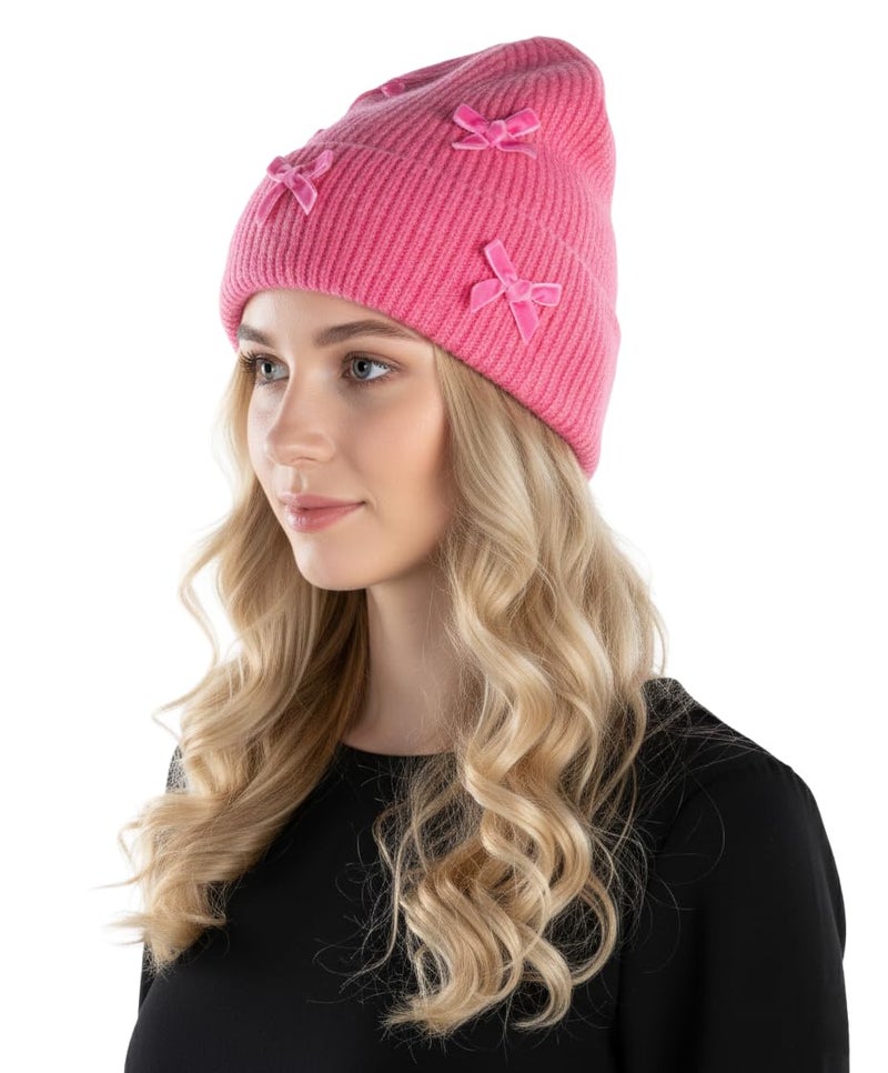 Funky Junque Women's Winter Beanie with Bow Warm Wool Knit Chenille Velvet Bows Ski Cap - Mini Velvet Bows - Candy Pink - Image 4