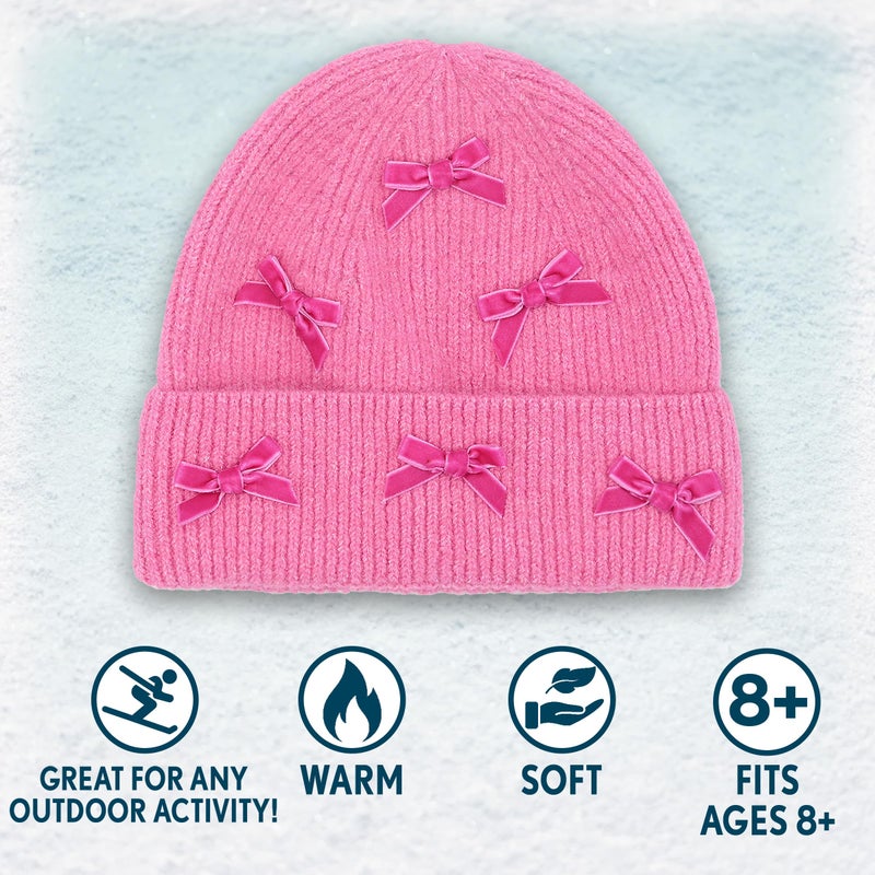 Funky Junque Women's Winter Beanie with Bow Warm Wool Knit Chenille Velvet Bows Ski Cap - Mini Velvet Bows - Candy Pink - Image 3