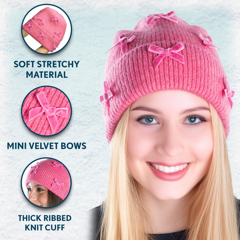 Funky Junque Women's Winter Beanie with Bow Warm Wool Knit Chenille Velvet Bows Ski Cap - Mini Velvet Bows - Candy Pink - Image 5