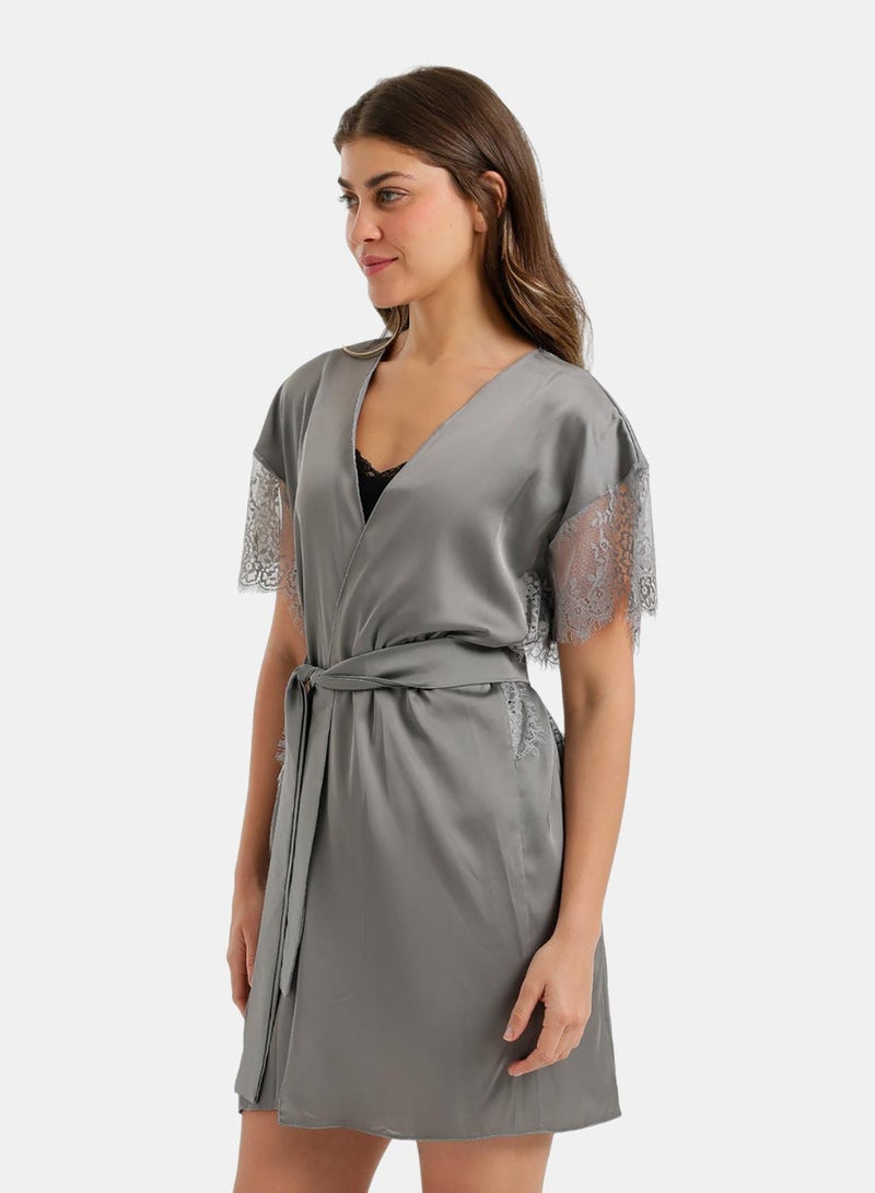 Carina Lace-Sleeve Satin Robe - Image 3