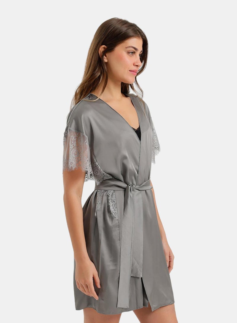 Carina Lace-Sleeve Satin Robe - Image 2