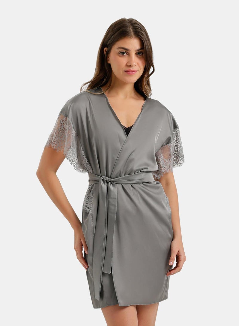 Carina Lace-Sleeve Satin Robe - Image 1