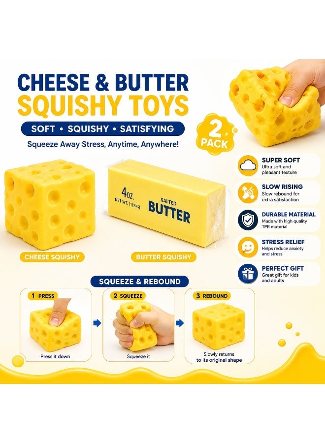 Rakzai 2-Pack Squishy Toys Set - Cute Cheese Squishy & Butter Squishy Toy, Soft Sensory Squeeze Fidget Toys for Kids & Adults, Fun Slow Rise Stress & Anxiety Relief Toy, Perfect Party Favors - Image 2