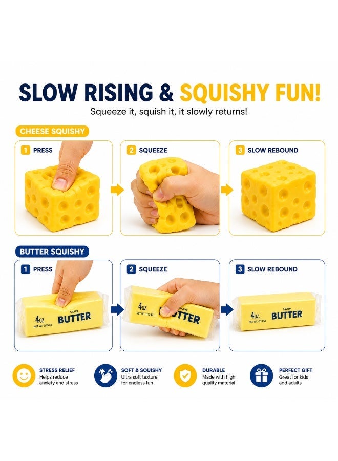 Rakzai 2-Pack Squishy Toys Set - Cute Cheese Squishy & Butter Squishy Toy, Soft Sensory Squeeze Fidget Toys for Kids & Adults, Fun Slow Rise Stress & Anxiety Relief Toy, Perfect Party Favors - Image 3