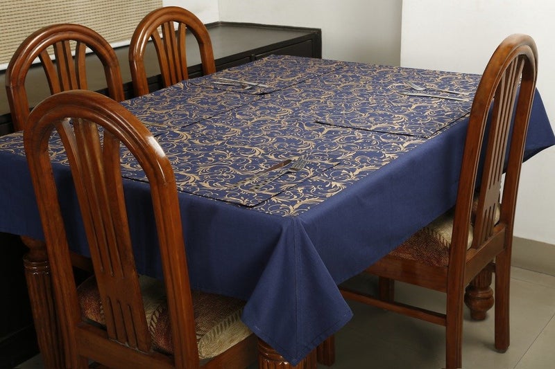 Dekor World Gold Printed Blue Square Table Cover with 4 Place Mat (Pack of 5) 150X150 Cm / 60X60 Inches for 4 Seater Dining TableSet (Pack of 5) - Image 3