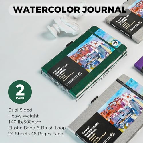 Funto Watercolor Journal 85x55 2 Pack 48 Pages Each Green Leather Cover ColdPressed Inner Paper Pocket Art Supplies for Mixed Media - Image 3