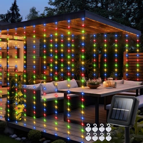 echosari Solar Curtain Lights 79ft x 6ft 144 LED Outdoor Curtain Lights Waterproof with Timer 8 Modes for Christmas Garden Patio Fence Wedding Wall Window Gazebo Decor Multicolor - Image 1