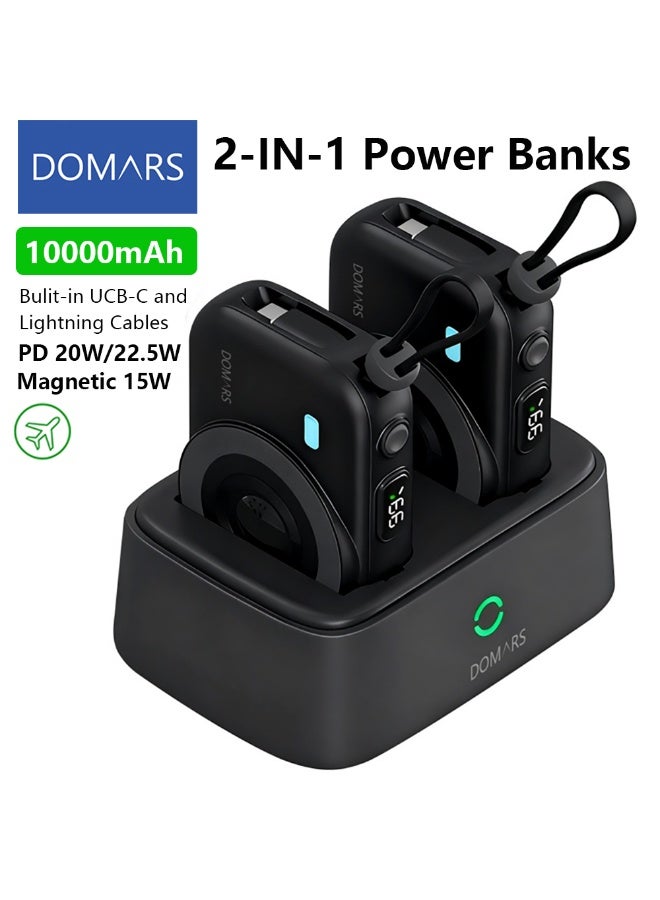 Domars 2-in-1 Magnetic Battery Pack, 10000mAh Magnetic Power Bank, 22.5W PD Fast Charging Wireless Portable Charger with Lightning and Type-C Cable LED Display, Includes Charging Cable, Travel Charger External Battery Pack Compatible with iPhone 17/16/15/14/13/12 Series And Type-c Magsafe (Black) - Image 1