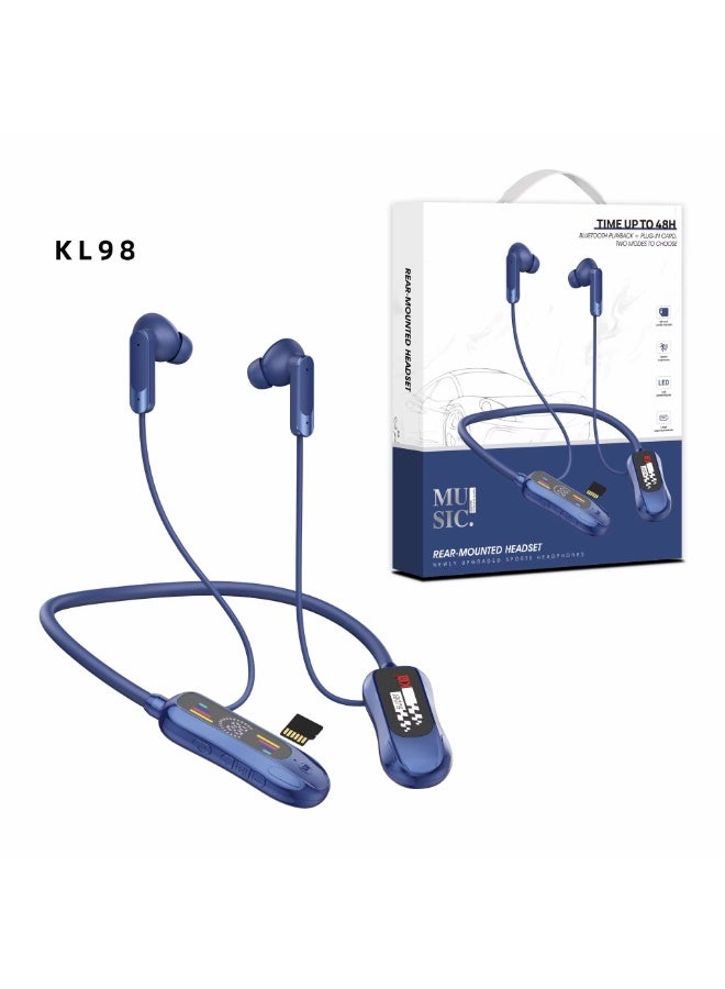 KL 98 Bluetooth Headphones Fast Charging Neckband Sport Earbuds Earphone with SD Card, Bluetooth Play Back. Upgraded Supports Headphone-Blue