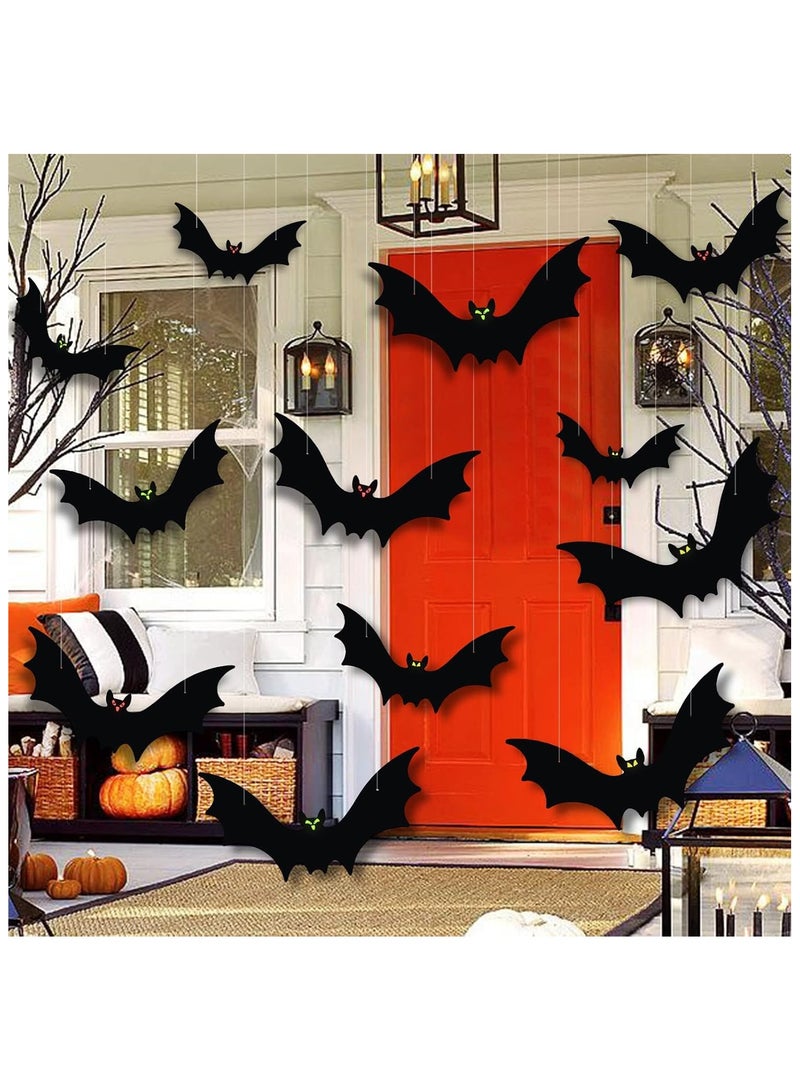 جورونب ديكورات الخفافيش المعلقة، 12 قطعة من الخفافيش الطائرة المزيفة ثلاثية الأبعاد الواقعية الكبيرة السوداء المعلقة المرعبة لحديقة المنزل أو الحديقة الخارجية - Image 1