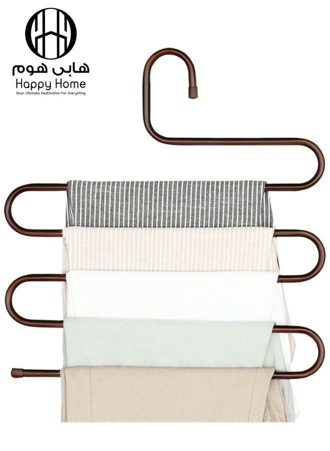 Happy Home 4 Pack Pants Hangers S Shaped Non Slip Trouser Hanger Stainless Steel S-Shape 5-Tier Clothes Hanger, Closet Space Saving, Hangers Closet Storage Organizer for Pants, Jeans, Scarves, Towels Hanging -Brown - Image 2