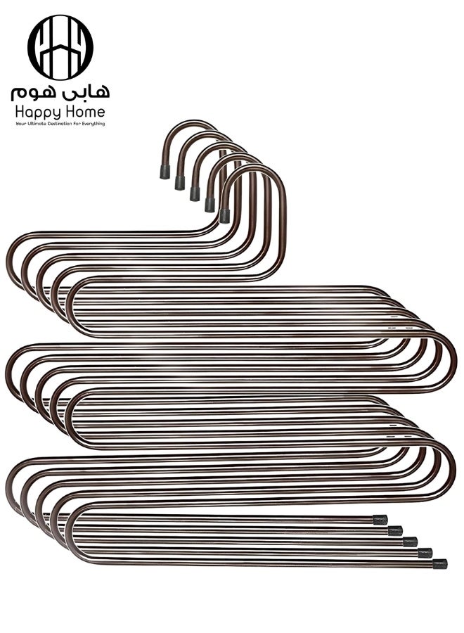 Happy Home 4 Pack Pants Hangers S Shaped Non Slip Trouser Hanger Stainless Steel S-Shape 5-Tier Clothes Hanger, Closet Space Saving, Hangers Closet Storage Organizer for Pants, Jeans, Scarves, Towels Hanging -Brown - Image 1