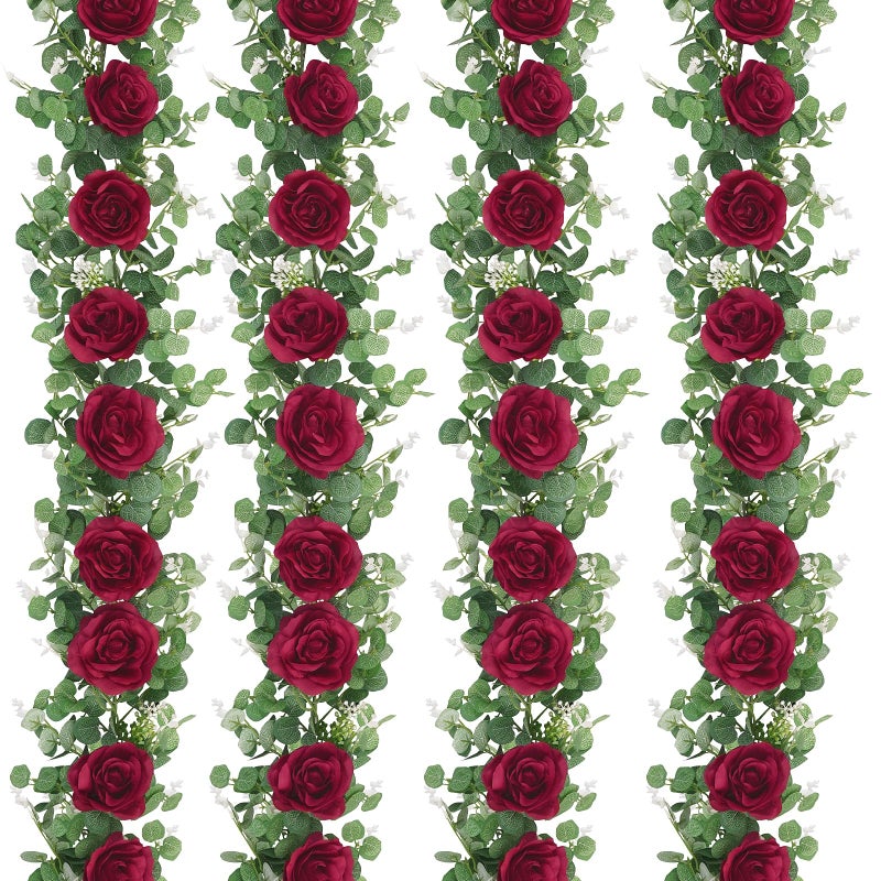 Dolicer 4Pcs 26Ft Artificial Eucalyptus Garlands with Flowers - 8 Roses, Faux Floral Greenery Garlands Fake Flowers Vines for Wedding Table Centerpieces Arch Party Ceremony Backdrop Decor (Red) - Image 1