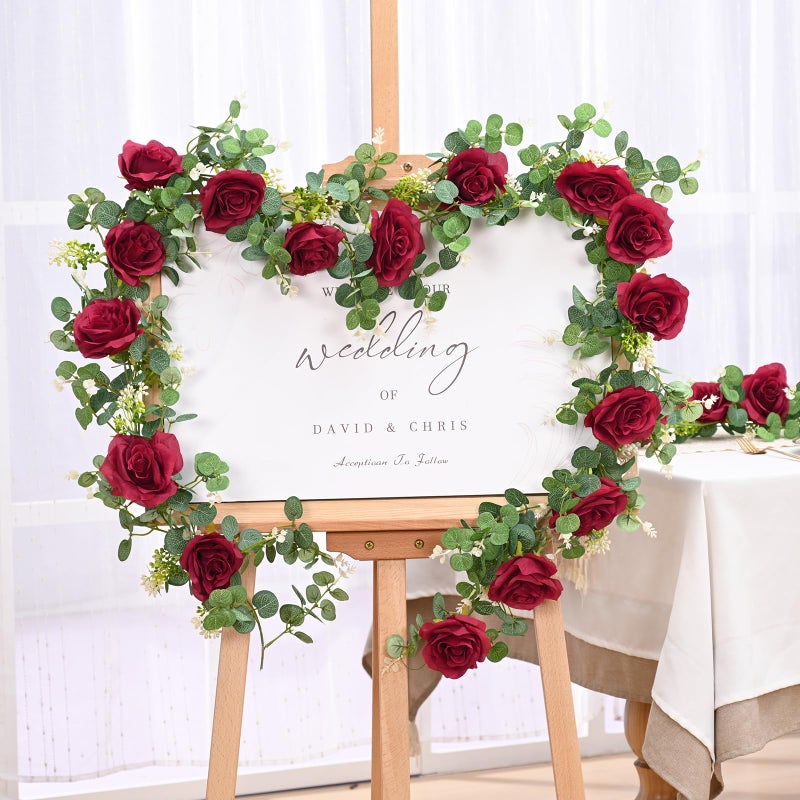 Dolicer 4Pcs 26Ft Artificial Eucalyptus Garlands with Flowers - 8 Roses, Faux Floral Greenery Garlands Fake Flowers Vines for Wedding Table Centerpieces Arch Party Ceremony Backdrop Decor (Red) - Image 5