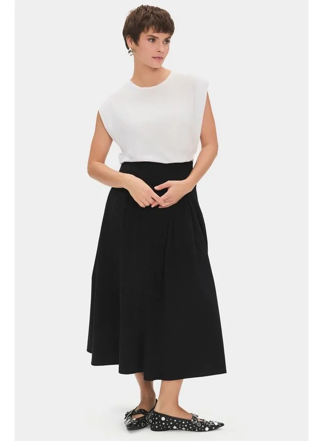 JUNE June Women 100% Cotton Pleated Midi Skirt Black