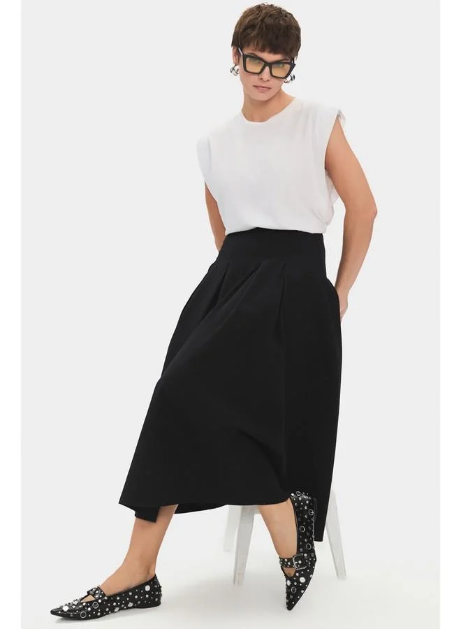 JUNE June Women 100% Cotton Pleated Midi Skirt Black