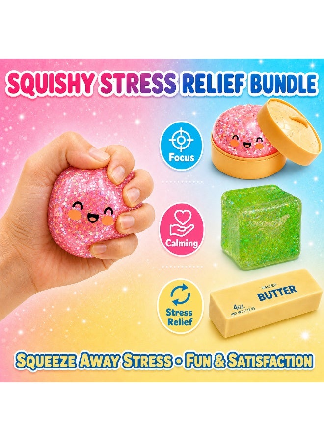مجموعة ألعاب "سكويشي" (Squishies) لتخفيف التوتر (3 في 1): دمبلينغ غامض، سكويشي "الزبدة"، ومكعب ثلج لامع | ألعاب ضغط ناعمة بألوان عشوائية للأطفال (من سن 3 سنوات فما فوق) وللبالغين | ألعاب تعود لشكلها الأصلي ببطء (Slow Rising) - مثالية كهدايا للحفلات والمناسبات. - Image 2
