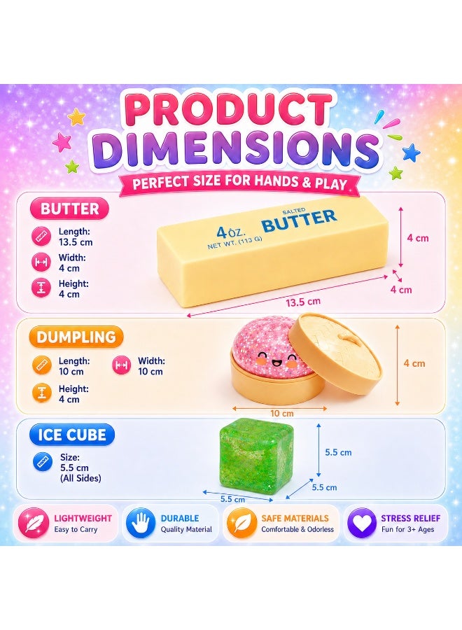 مجموعة ألعاب "سكويشي" (Squishies) لتخفيف التوتر (3 في 1): دمبلينغ غامض، سكويشي "الزبدة"، ومكعب ثلج لامع | ألعاب ضغط ناعمة بألوان عشوائية للأطفال (من سن 3 سنوات فما فوق) وللبالغين | ألعاب تعود لشكلها الأصلي ببطء (Slow Rising) - مثالية كهدايا للحفلات والمناسبات. - Image 4