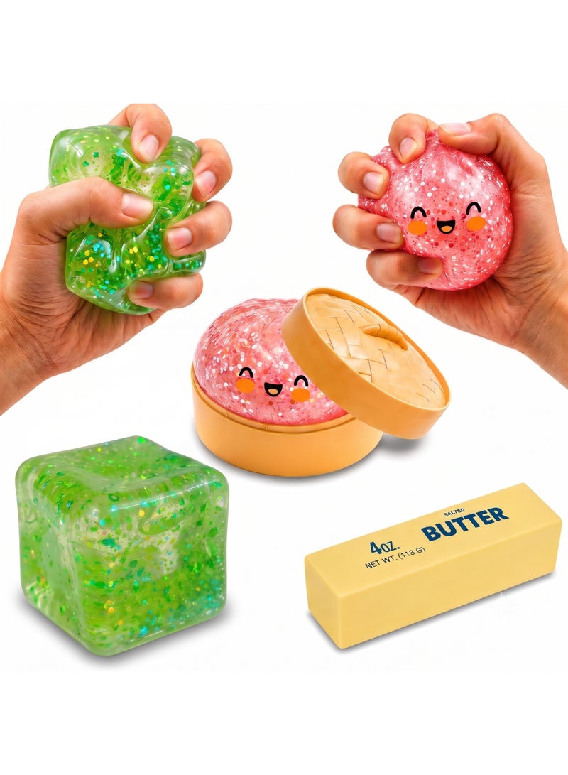 مجموعة ألعاب "سكويشي" (Squishies) لتخفيف التوتر (3 في 1): دمبلينغ غامض، سكويشي "الزبدة"، ومكعب ثلج لامع | ألعاب ضغط ناعمة بألوان عشوائية للأطفال (من سن 3 سنوات فما فوق) وللبالغين | ألعاب تعود لشكلها الأصلي ببطء (Slow Rising) - مثالية كهدايا للحفلات والمناسبات. - Image 1