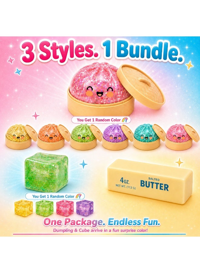 مجموعة ألعاب "سكويشي" (Squishies) لتخفيف التوتر (3 في 1): دمبلينغ غامض، سكويشي "الزبدة"، ومكعب ثلج لامع | ألعاب ضغط ناعمة بألوان عشوائية للأطفال (من سن 3 سنوات فما فوق) وللبالغين | ألعاب تعود لشكلها الأصلي ببطء (Slow Rising) - مثالية كهدايا للحفلات والمناسبات. - Image 5