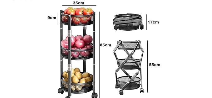 IMUU 3 Tier Storage Rolling TrolleyFoldable Utility Cart on with Lockable Wheels Easy Assembly Easy Open Fold Trolley for Kitchen Living Room Bathroom Black - Image 2