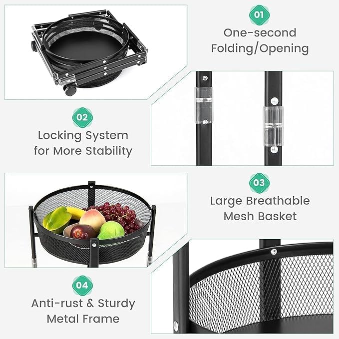 IMUU 3 Tier Storage Rolling TrolleyFoldable Utility Cart on with Lockable Wheels Easy Assembly Easy Open Fold Trolley for Kitchen Living Room Bathroom Black - Image 4