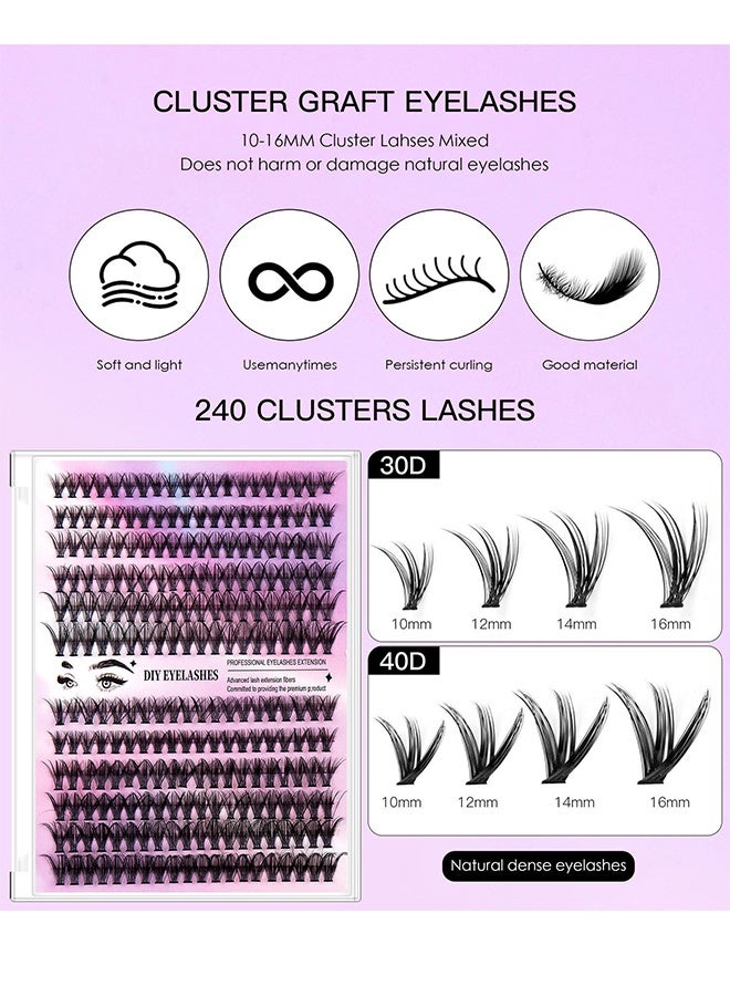 Segmented false eyelash set 240 clusters, 30D 40D Mix Lash Clusters, with Double Headed Glue, Tweezers, and Eyelash Brush, Eyelash Extension Kit, Enlarge Eyes Naturally, Curl Eyelash, DIY Eyelashes - Image 4