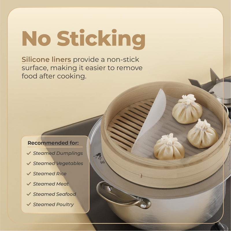 Prime Home Direct Bamboo Steamer Silicone Liners 10-Inch | 6 Count | BPA Free | Reusable & Non Stick for Air Fryer, Dumpling Food Steam Pot & Dim Sum Steaming | Round Mesh Parchment Baking Sheet Paper - Image 3