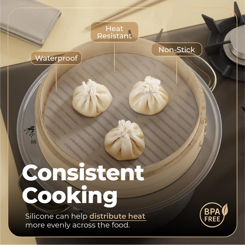 Prime Home Direct Bamboo Steamer Silicone Liners 10-Inch | 6 Count | BPA Free | Reusable & Non Stick for Air Fryer, Dumpling Food Steam Pot & Dim Sum Steaming | Round Mesh Parchment Baking Sheet Paper - Image 4