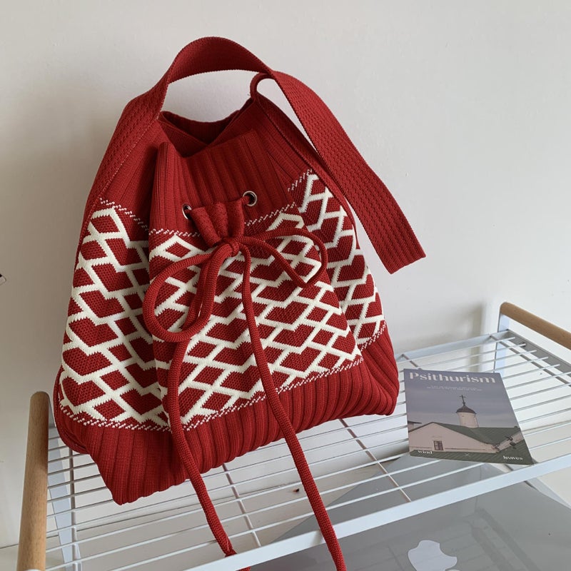 New Ethnic Style Tote Bag 2024 Casual Fashion Versatile Large Capacity Knitted Drawstring Shoulder Bag Women'S Bag - Image 1