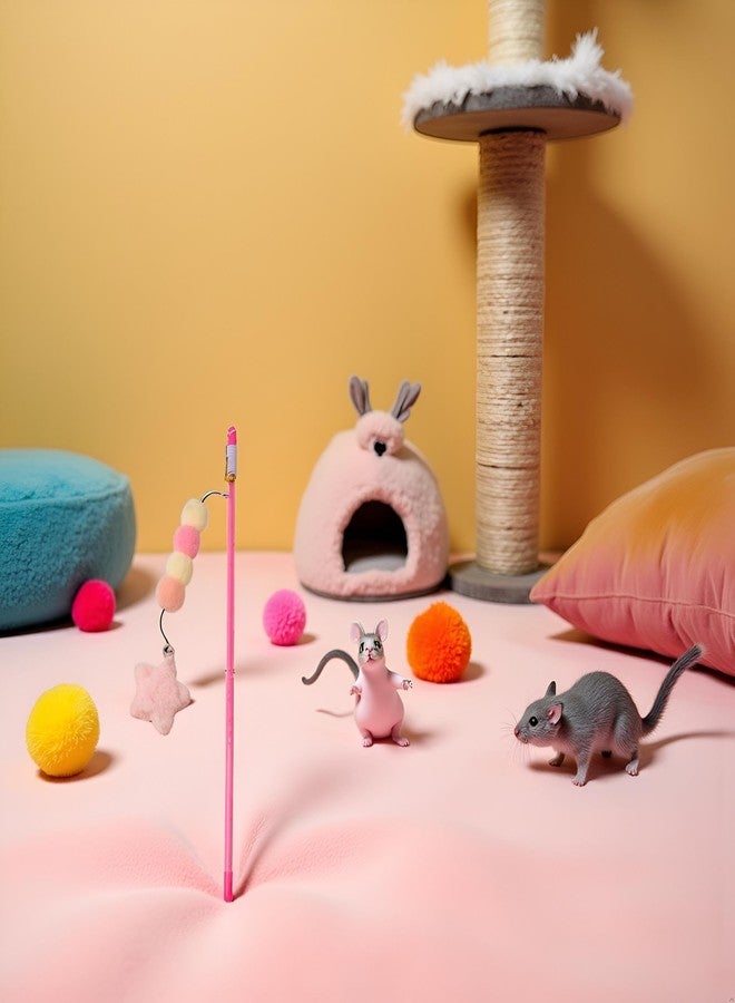 Bwexxt Pink Cat Stick Elastic Rope Plush Ball Star Pendant Bite-Resistant Plush Ball Star Pendant Cat Feather Grip Relieve Boredom Handmade Kitten Teaser Wand Mice and Animals Pet Supplies - Image 4