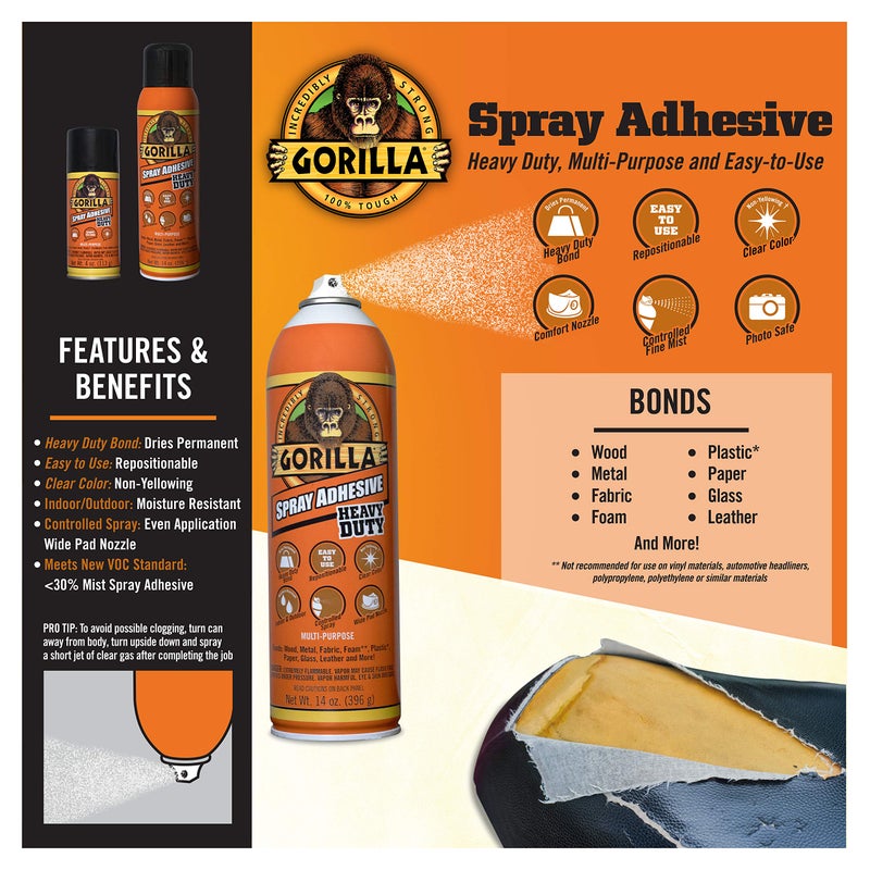 Gorilla Gorilla Heavy Duty Spray Adhesive, Multipurpose and Repositionable, 4 Ounce, Clear, (Pack of 1)  - Image 3