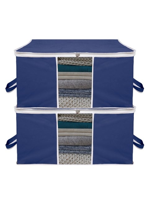 Kuber Industries Underbed Storage Bag | Clothes Storage Organizer | Blanket Cover with Clear Window | Zipper Closure & Handle Cloth Organizer | Plain White Border | Large | Pack of 2 | Navy Blue