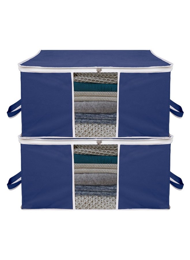 Kuber Industries Kuber Industries Underbed Storage Bag | Clothes Storage Organizer | Blanket Cover with Clear Window | Zipper Closure & Handle Cloth Organizer | Plain White Border | Large | Pack of 2 | Navy Blue  - Image 1