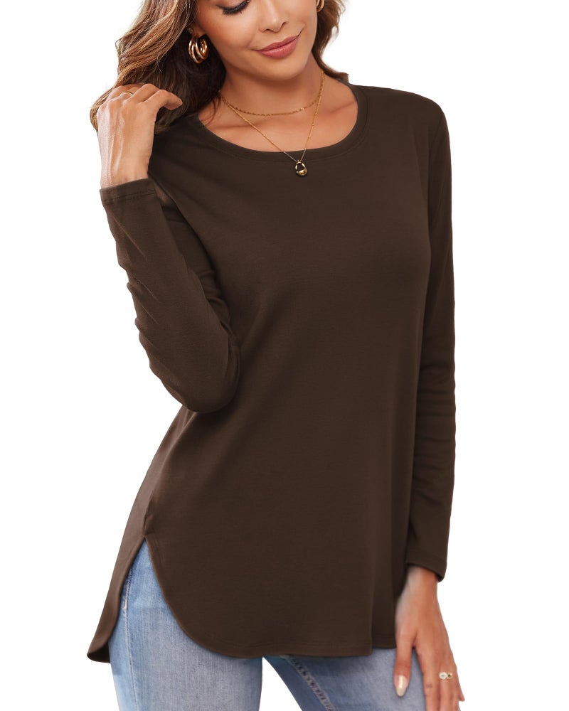 Herou Women's Casual Long Sleeve T Shirt Crewneck With Side Split Fall Pullover Loose Tunic Sweater Tops - Image 1