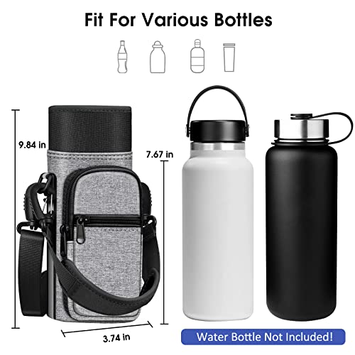 CaseBot Water Bottle Carrier Bag Sling Case, Sports Water Bottle Pouch Holder Sleeve with Adjustable Shoulder Hand Strap and 2 Pockets for Men Women Hiking Camping Travelling, Gray - Image 2